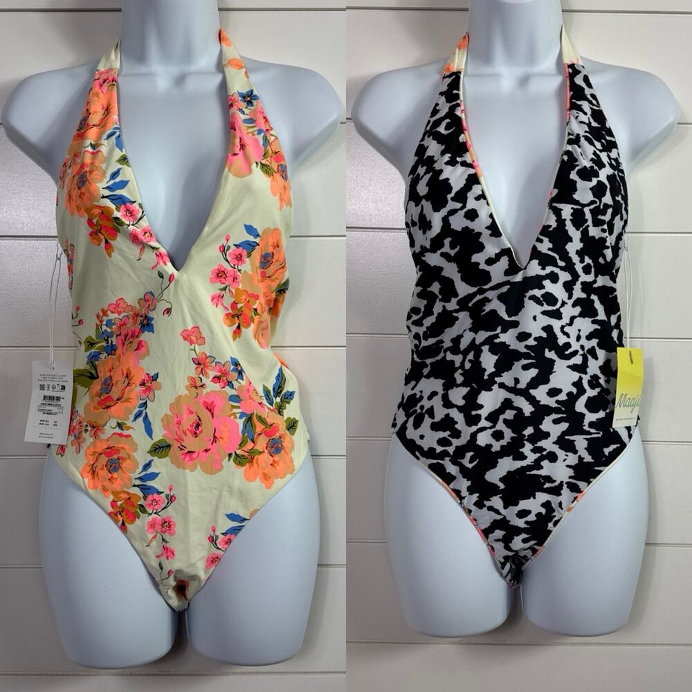 Maaji Reversible One Piece Halter Swimsuit Multicolor Print sz L